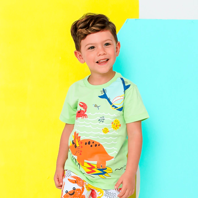 Holila | Camiseta Infantil Menino 100% Algodão | Dino na Onda | Confortável, vista 2